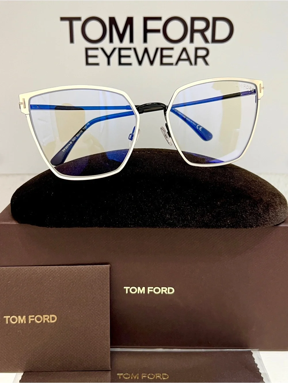 Tom Ford TF5574-B 021 Blue Block Eyeglasses – White/Black Designer Luxury Frames